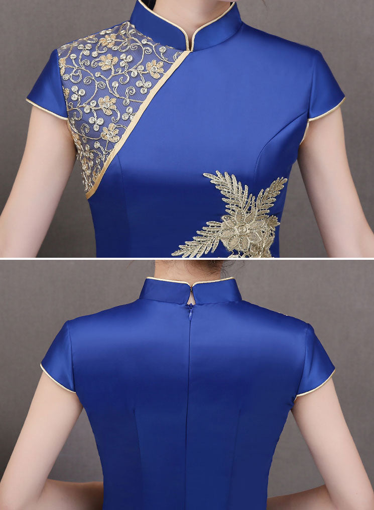 Red Blue Thigh Split Front Qipao / Cheongsam Wedding Dress