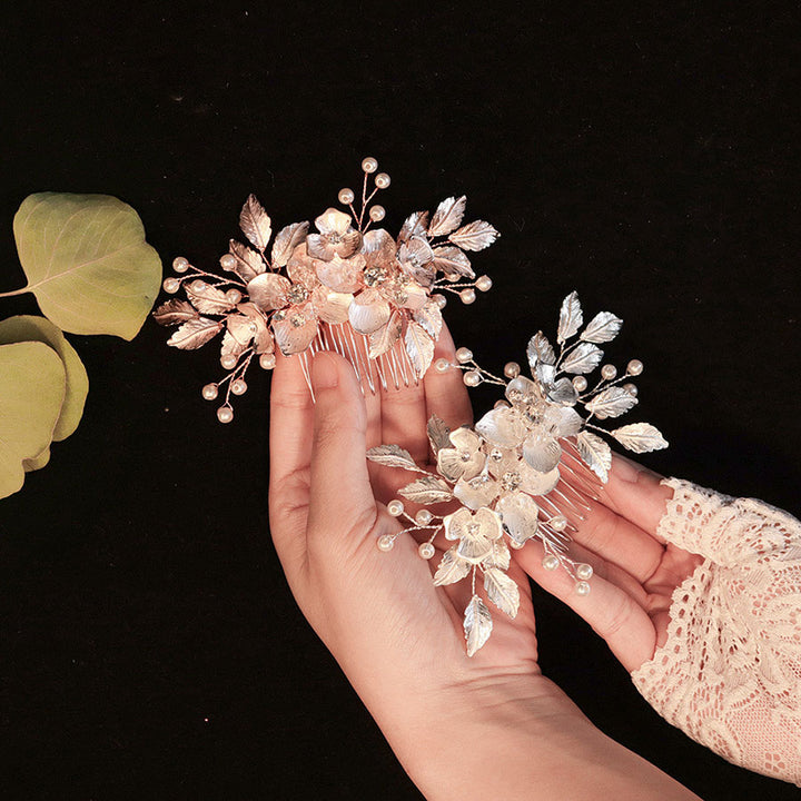Silver Pink Rhinestone Alloy Flower Bride Wedding Hair Comb