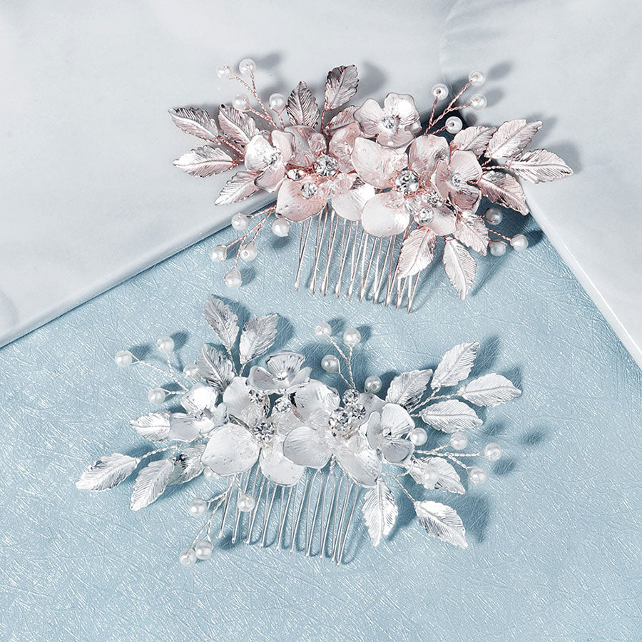 Silver Pink Rhinestone Alloy Flower Bride Wedding Hair Comb