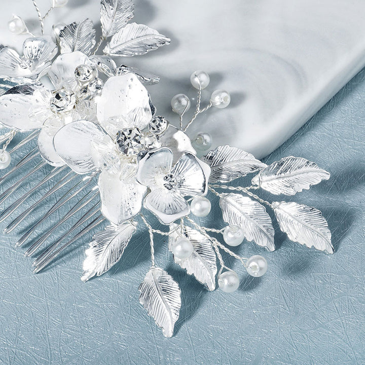 Silver Pink Rhinestone Alloy Flower Bride Wedding Hair Comb