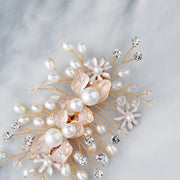 Gold Rhinestone Pearls Flower Bride Wedding Side Hair Clip