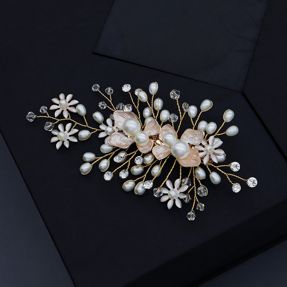 Gold Rhinestone Pearls Flower Bride Wedding Side Hair Clip