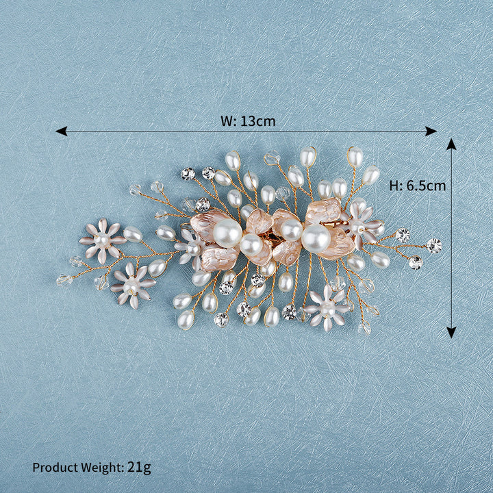Gold Rhinestone Pearls Flower Bride Wedding Side Hair Clip