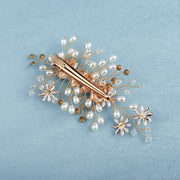 Gold Rhinestone Pearls Flower Bride Wedding Side Hair Clip