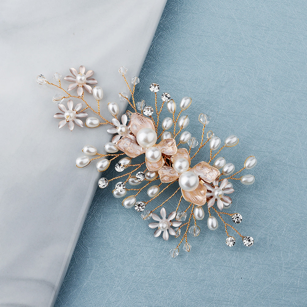 Gold Rhinestone Pearls Flower Bride Wedding Side Hair Clip