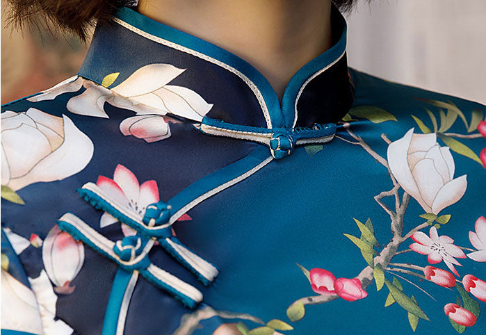 Blue Floral Long Qi Pao Cheongsam Party Dress