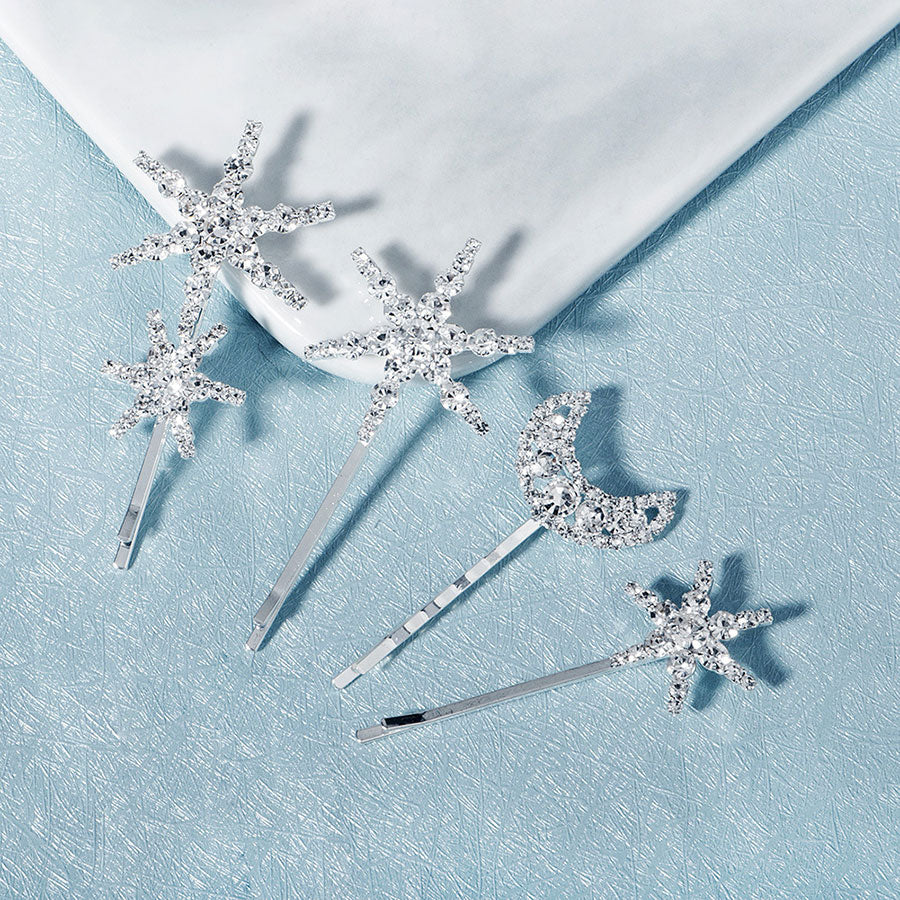 4 Pieces Rhinestone Star Moon Bride Wedding Hair Clips