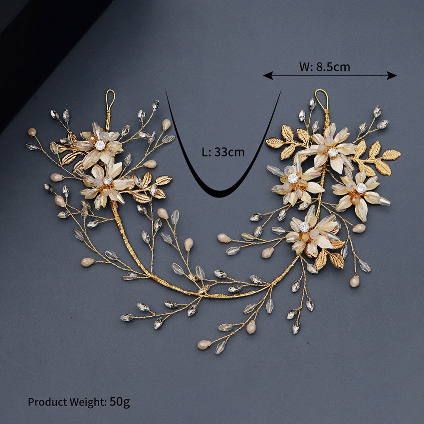 Gold Crystal Flower Leaf Bride Wedding Hair Vine Pin