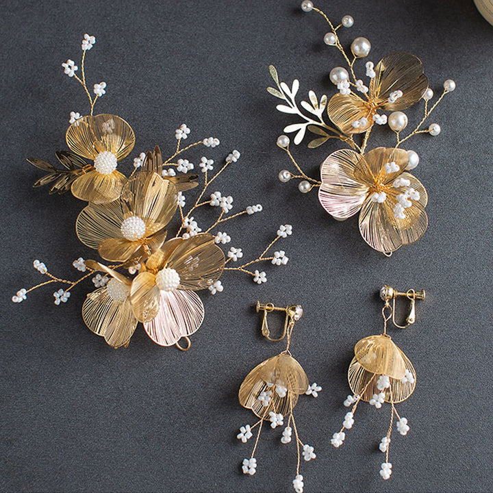 2 Pcs Gold Flower Wedding Bride Hair Clip & Earring