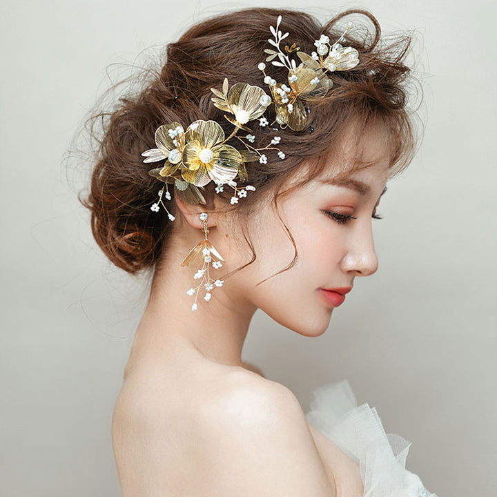 2 Pcs Gold Flower Wedding Bride Hair Clip & Earring