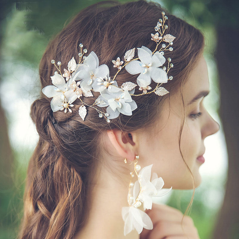 Pearls Chiffon Flower Bridal Wedding Hair Vine Clip & Earrings