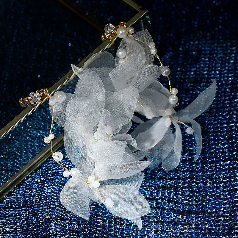 Pearls Chiffon Flower Bridal Wedding Hair Vine Clip & Earrings