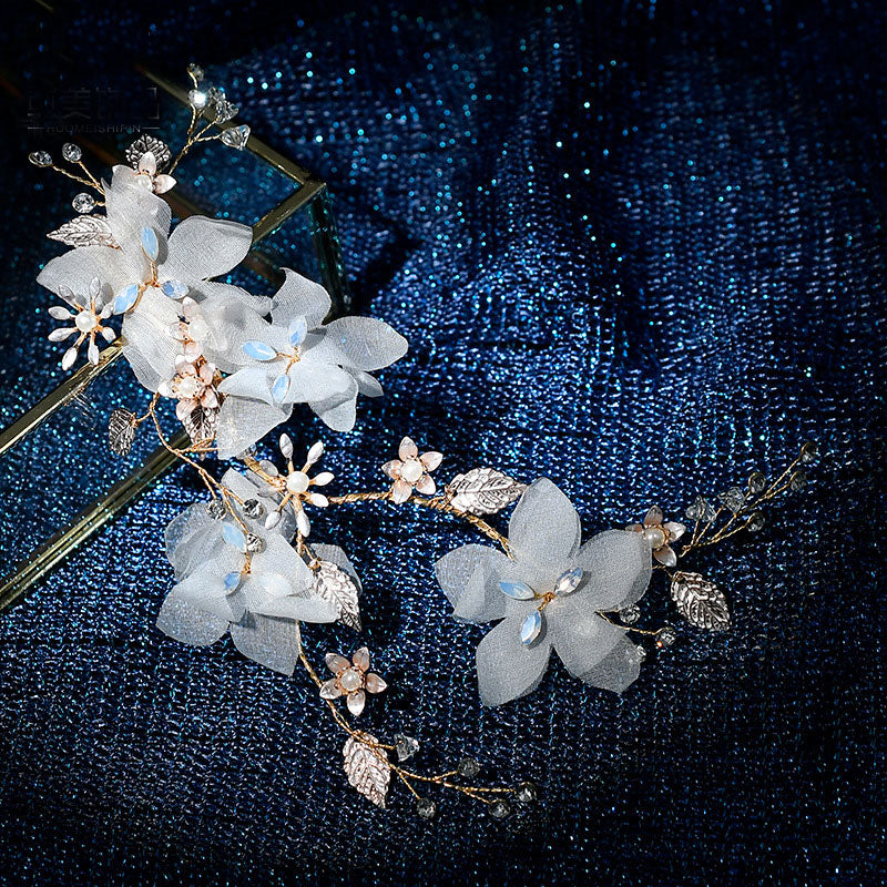 Pearls Chiffon Flower Bridal Wedding Hair Vine Clip & Earrings