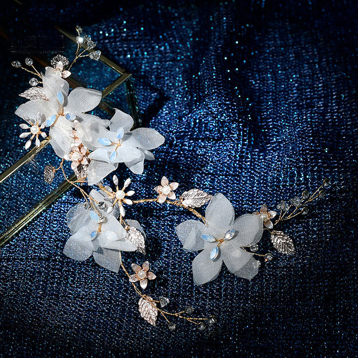 Pearls Chiffon Flower Bridal Wedding Hair Vine Clip & Earrings
