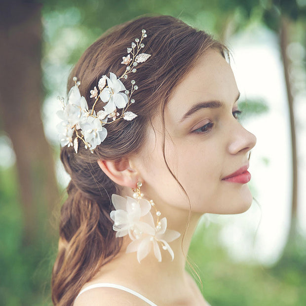 Pearls Chiffon Flower Bridal Wedding Hair Vine Clip & Earrings