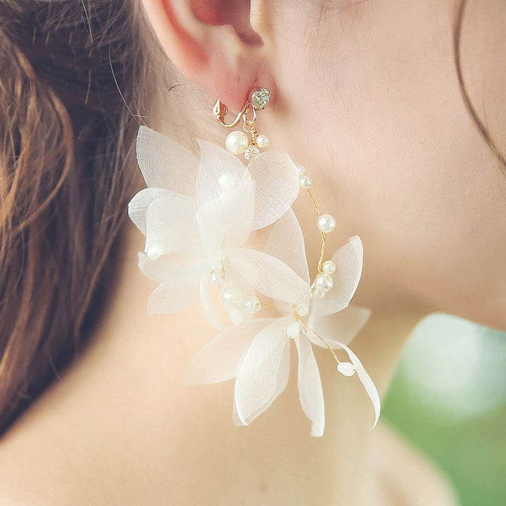 Pearls Chiffon Flower Bridal Wedding Hair Vine Clip & Earrings