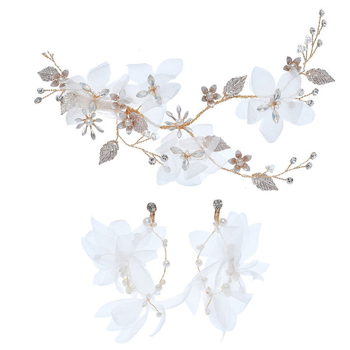 Pearls Chiffon Flower Bridal Wedding Hair Vine Clip & Earrings
