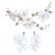 Pearls Chiffon Flower Bridal Wedding Hair Vine Clip & Earrings