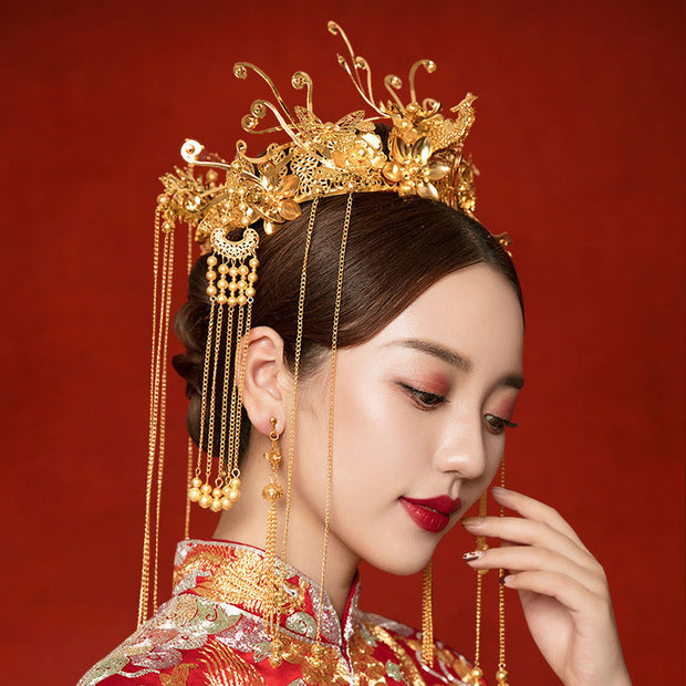 Gold Tone Wedding Bride Hair Tassels Crown & Earring