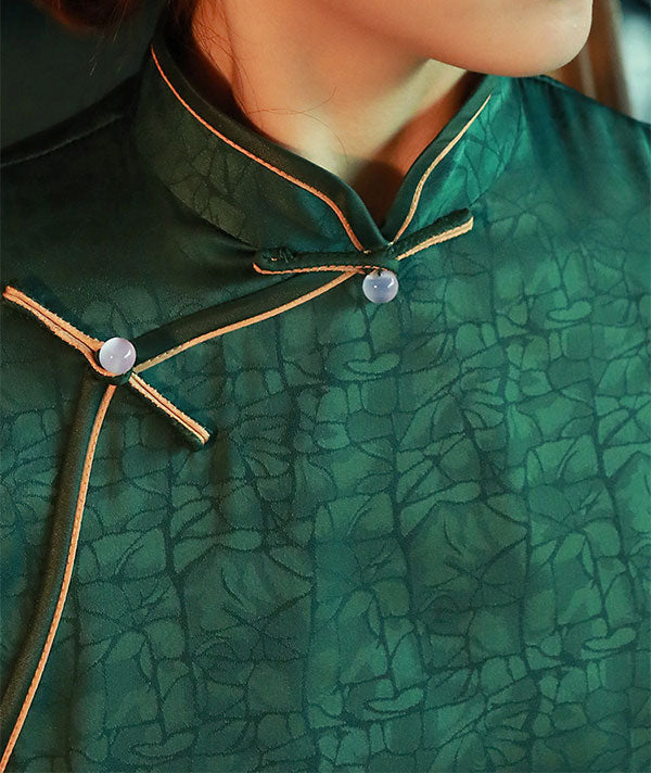2022 Summer Green Jacquard Cheongsam Qi Pao Dress