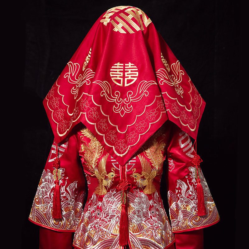 Red Vintage Embroidered Chinese Wedding Bride Veil