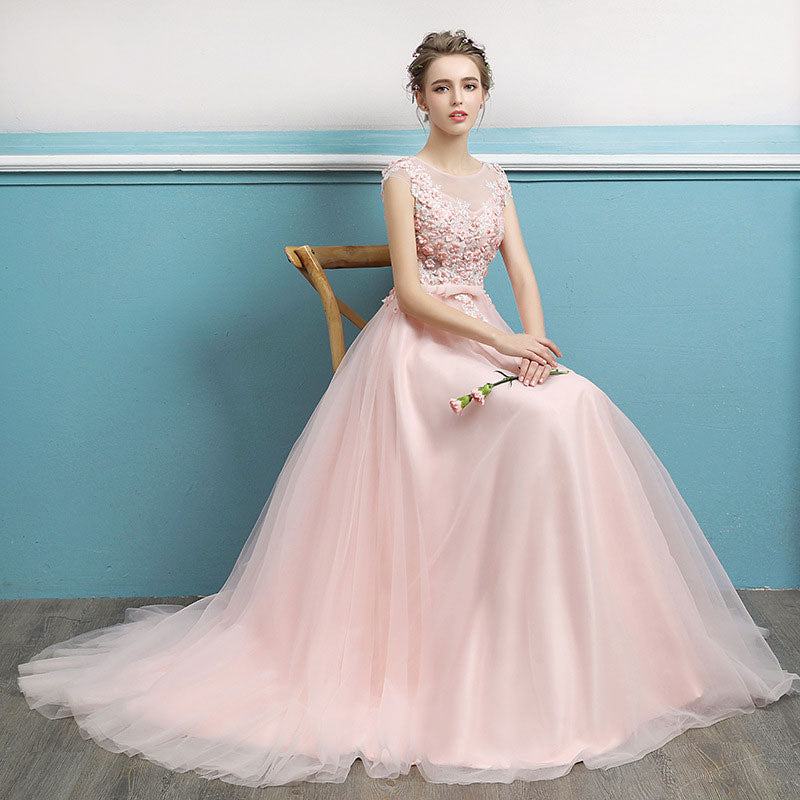 Blue Pink Appliques A-Line Tulle Cut-out Back Prom Dress