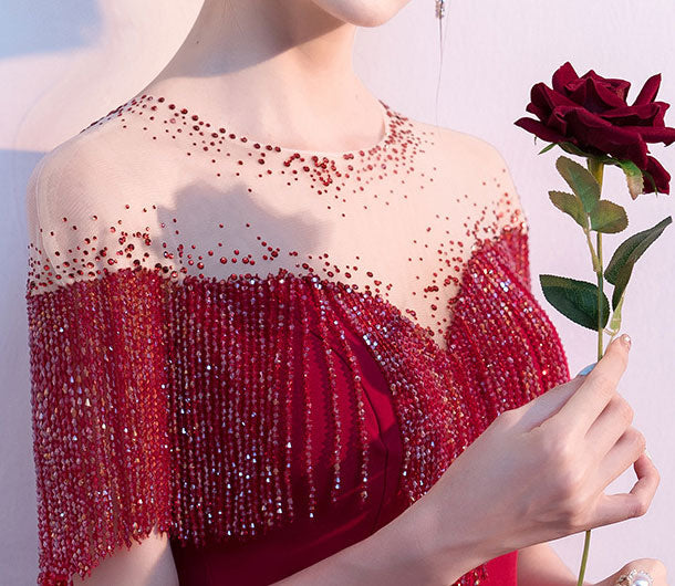 Red Black Beads Tassels A-Line Full Length Formal Dress