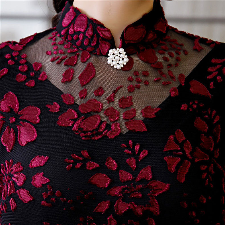 Mothers Red Green Velvet Maxi Cheongsam Qipao Dress