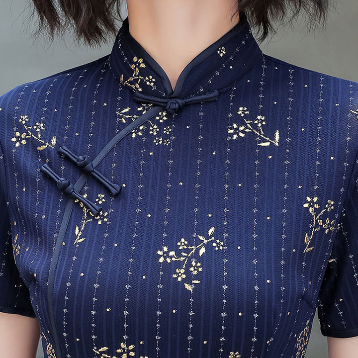 Red Blue Floral Ankle-Length Cheongsam Qi Pao Dress