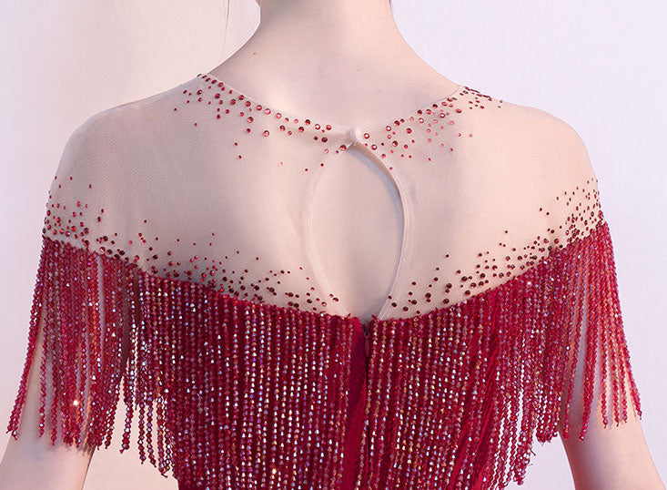 Red Black Beads Tassels A-Line Full Length Formal Dress