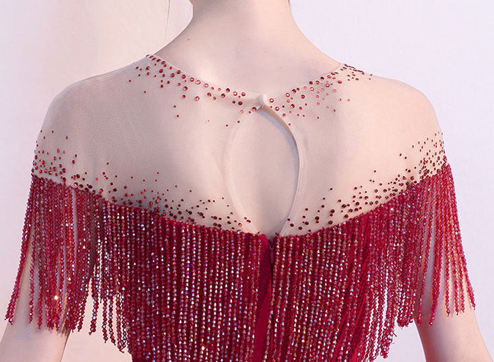 Red Black Beads Tassels A-Line Full Length Formal Dress