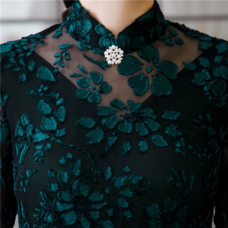 Mothers Red Green Velvet Maxi Cheongsam Qipao Dress