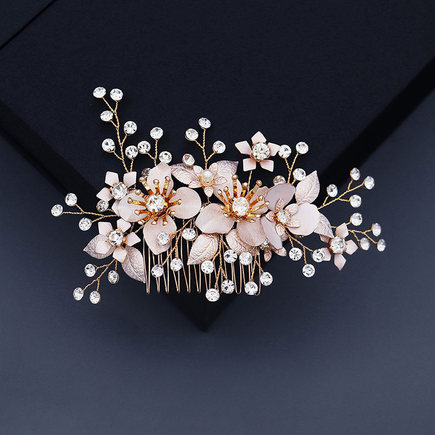 Rhinestone Pink Flower Bridal Wedding Hair Comb