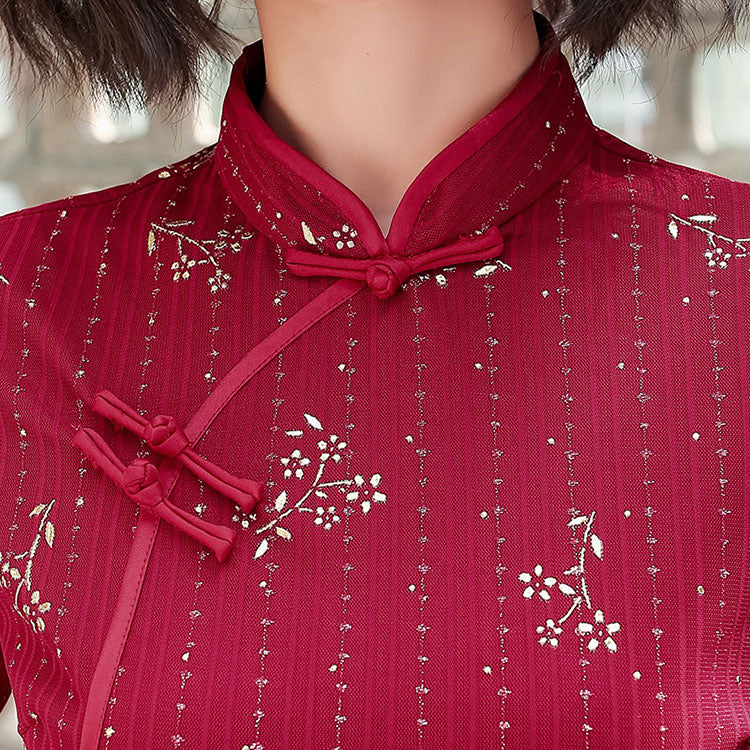 Red Blue Floral Ankle-Length Cheongsam Qi Pao Dress