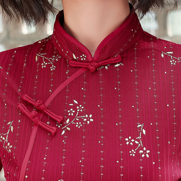 Red Blue Floral Ankle-Length Cheongsam Qi Pao Dress