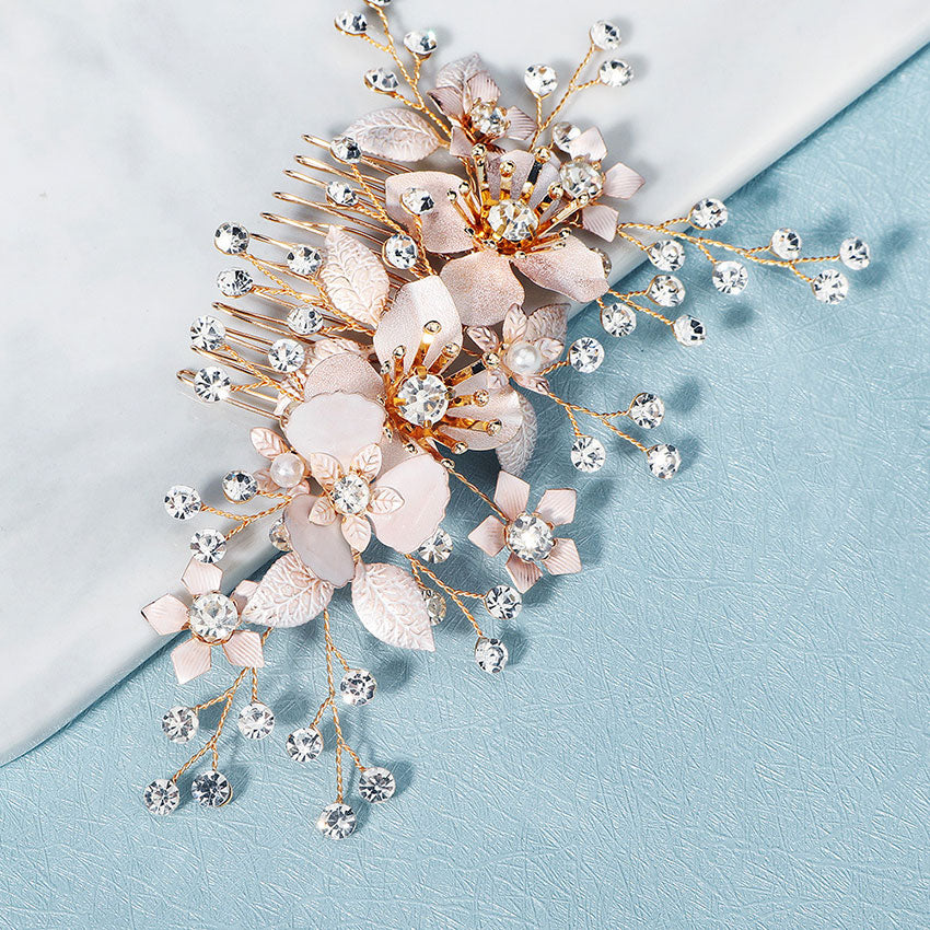 Rhinestone Pink Flower Bridal Wedding Hair Comb