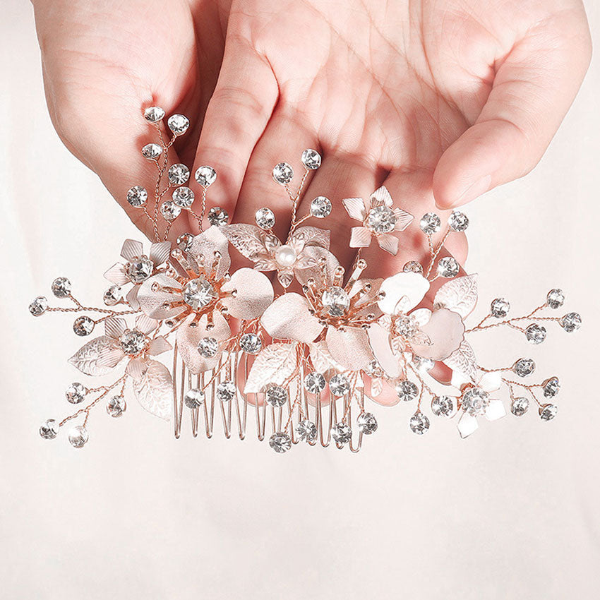 Rhinestone Pink Flower Bridal Wedding Hair Comb