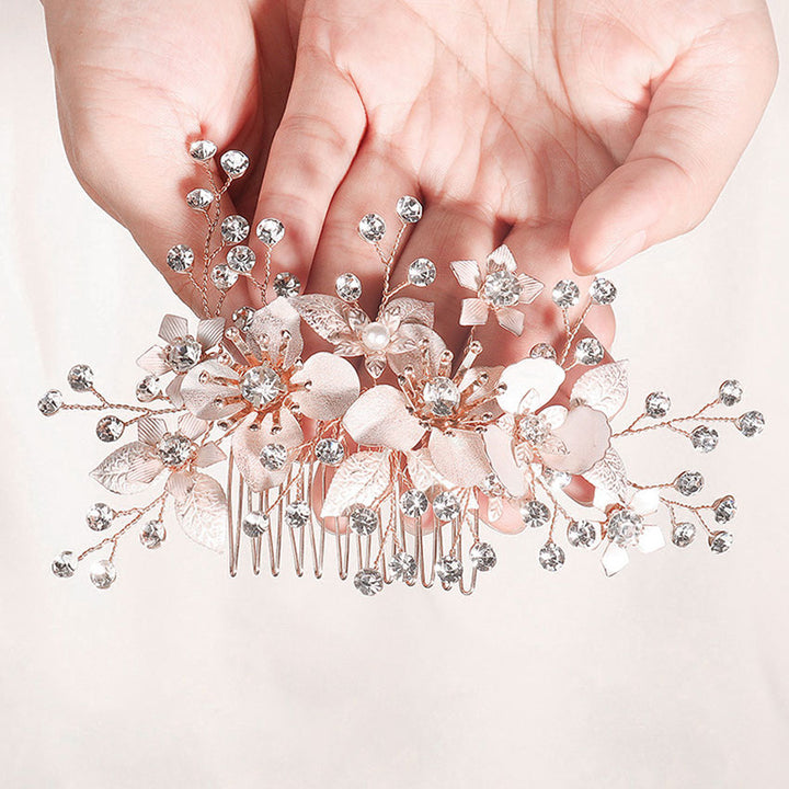 Rhinestone Pink Flower Bridal Wedding Hair Comb