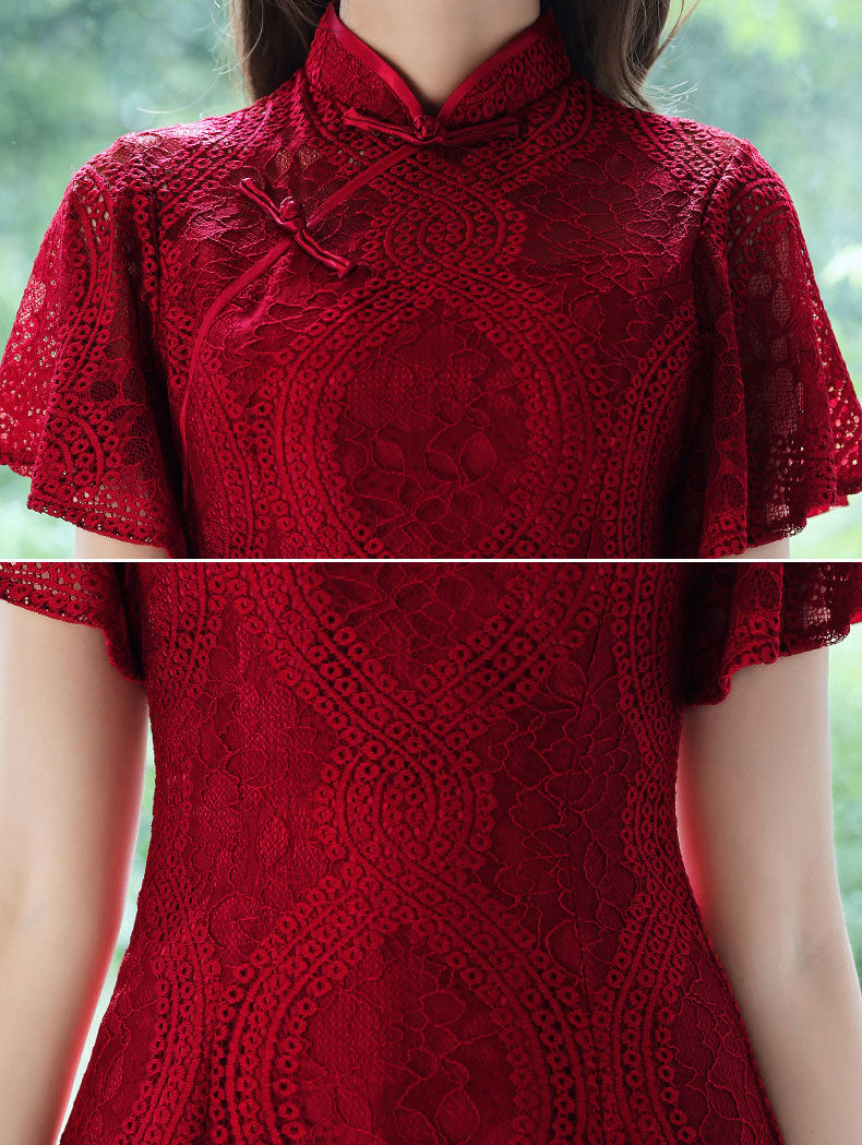 Burgundy Lace Wedding Cheongsam Qi Pao Dress with Flutter Sleeve