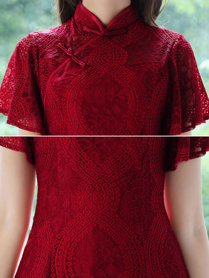 Burgundy Lace Wedding Cheongsam Qi Pao Dress with Flutter Sleeve