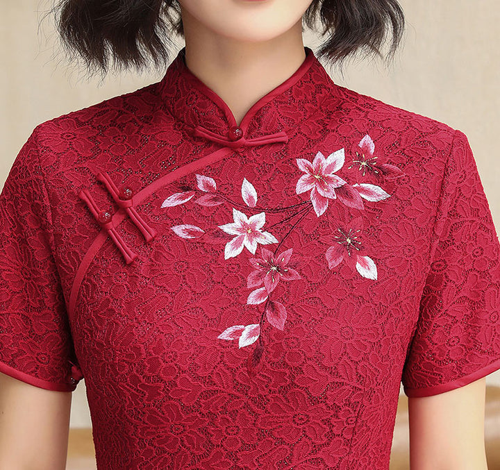 Embroidered Red Lace Midi Modern Cheongsam Qi Pao Dress