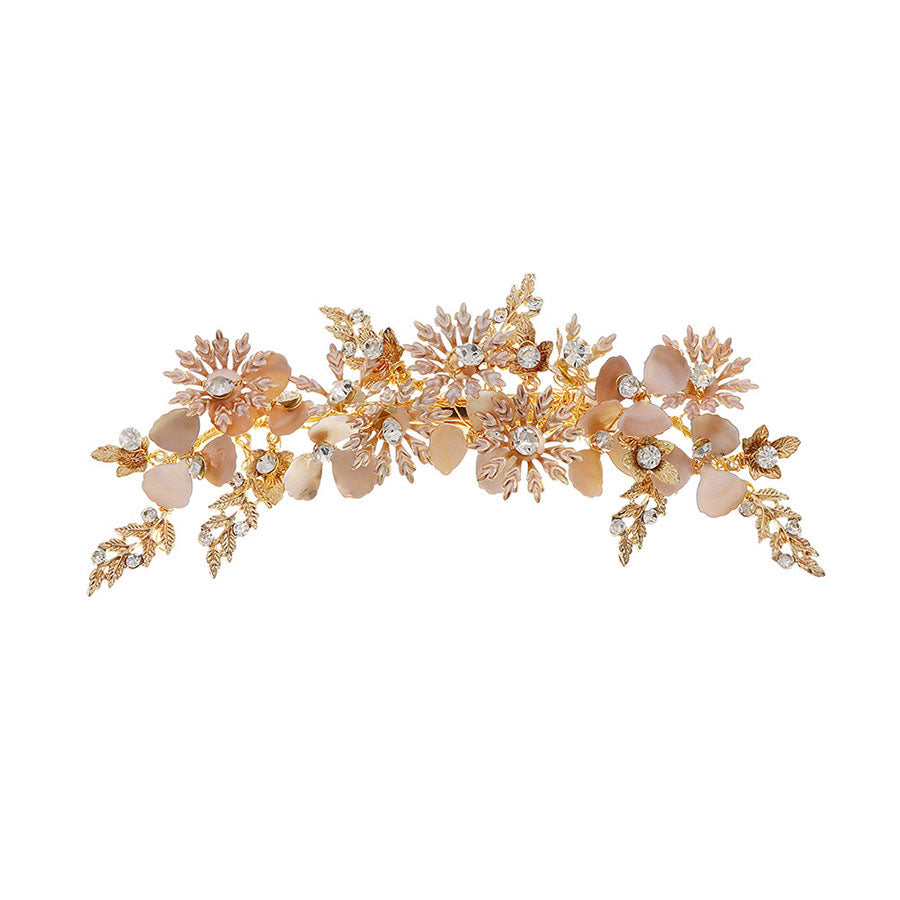 Gold Pink Rhinestone Flower Bride Wedding Hair Clip