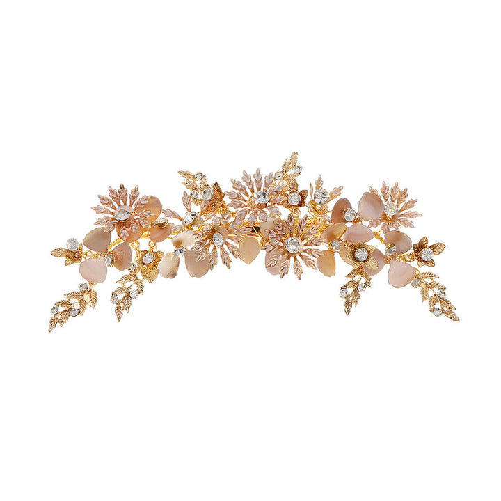 Gold Pink Rhinestone Flower Bride Wedding Hair Clip