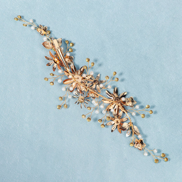 Gold Rhinestone Pearls Flower Bride Wedding Hair Clips