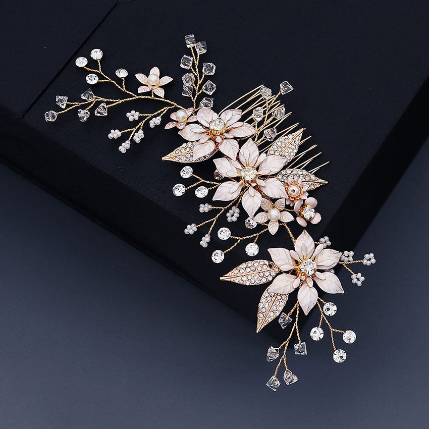 Rhinestone Pearls Pink Flower Bridal Wedding Hair Comb