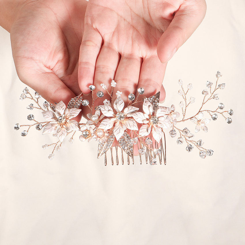 Rhinestone Pearls Pink Flower Bridal Wedding Hair Comb