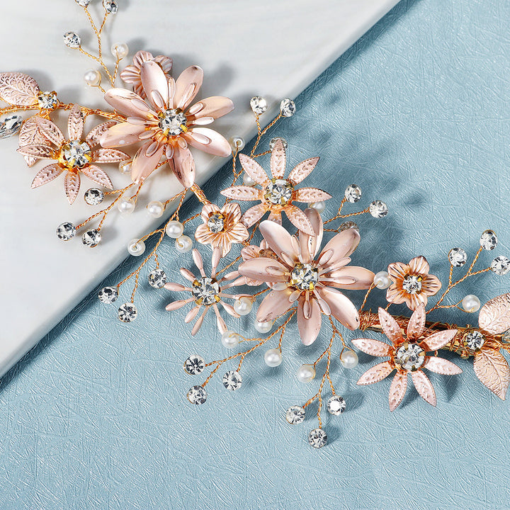 Gold Rhinestone Pearls Flower Bride Wedding Hair Clips