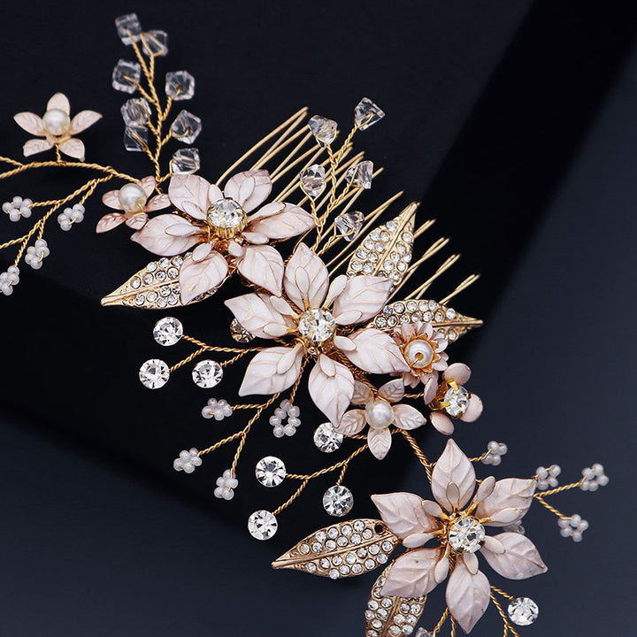 Rhinestone Pearls Pink Flower Bridal Wedding Hair Comb