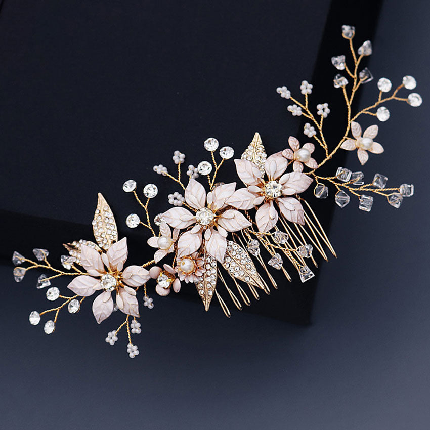 Rhinestone Pearls Pink Flower Bridal Wedding Hair Comb