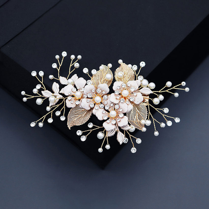 Rhinestone Pearls Leaf Flower Bridal Wedding Hair Clip